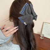 Shopmocho Korean Fabric Plaid Triangular Hair Claw Clips for Women Bow Imitation Pearl Button Acrylic Shark Clip High-end Hair Accessories