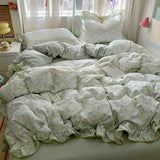 SHOPMOCHO Ruffles Bedding Set Floral Style Duvet Cover Pillowcase with Bedsheet Skin-friendly Bed Linen Set Girls Room Bedclothes