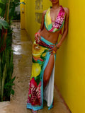 Shopmocho Weird Puss Colorful Leopard Women 2 Piece Set Y2K Beach Vacation Halter Tank Tops+Wrapped Maxi Skirts Matching Vacation Clubwear