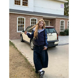 SHOPMOCHO Blue Womens Jeans High Waist Vintage Design Hip Hop Straight Baggy Denim Pants Street Y2K American Style Wide Leg Denim Trouser