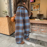 Shopmocho Blue Plaid Thickened Woolen Casual Pants Autumn Winter New Style Straight Leg Wide Leg Floor Length Trousers Trendy Women's Long