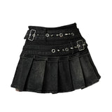 SHOPMOCHO Women's Denim Skirt with Studded Belt Low Rise Pleated Mini Skirt Blue Black Jean Skirts Alt Girls Y2K Punk 90s