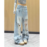 SHOPMOCHO High Waist Wide Leg Denim Jeans Women's Summer New Style High Street Hole Design Slimming Long Trousers Trendy Fashion