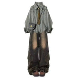 Shopmocho 2025 2PCS American Retro Pants Sets Striped Long Sleeve Casual Blouses Patchwork Button Punk Jeans Chic Women Two Piece Suits