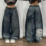 SHOPMOCHO American New Skull Embroidery Casual Baggy Jeans Women Y2K Street Harajuku Vintage Gothic High Waist Joker Wide Leg Pant Trouser
