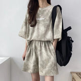 Shopmocho Women T-Shirt Shorts Suit Set Casual Tie Dye Loose tshirt and wide leg middle shorts with pockets female Soft Summer Shorts Sets