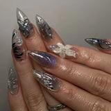SHOPMOCHO 24Pcs Black Y2k Long False Nails with Almond Head Design Cat's Eye Silver Stripe Pattern Press on Fake Nails Wearable Nail Tips