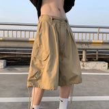 SHOPMOCHO Khaki 7-point Men Summer Thin Japanese Workwear Wide-leg Loose Over-knee Shorts