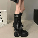 Shopmocho Winter Women Biker Boots Fashion Belt Buckle Ladies Elegant Platform Long Pipe Booties Casual Women's Knee High Booties