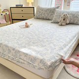 SHOPMOCHO 1pc Floral Fitted Bed Sheet Flower Printed Washed Cotton Bed Sheet with Elastic Single/Queen/King Size Bed Fitted Sheets