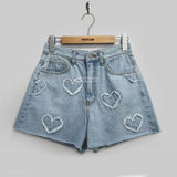 Shopmocho Korean Summer Y2K High Waist Jorts LOVE Heart Shaped Pattern Women's Denim Shorts Casual Jeans Chic Straight Washed Hot Pants
