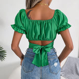 SHOPMOCHO 2026 Summer Women Casual Short Sleeve Square Collar Crop Top Solid Color Slim Tie Chiffon Blouse Blue Green Black Woman Clothes