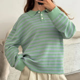 Shopmocho y2k Vintage Rib Knitted Striped Collared Sweater Loose Long Sleeve Pullover Knit Tops Casual Winter Autumn 2025 Sweatirt Clothes