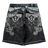 SHOPMOCHO American Vintage Popular New Pattern Embroidery Baggy Denim Shorts Men Street Fashion Gothic Casual Joker Shorts Women Clothing