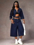 SHOPMOCHO Retro Dark Blue Adjustable Buckle Capri Jeans