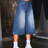 SHOPMOCHO American Retro Hot Girl Style Distressed Fleece Hem Jeans Mid-Thigh Pants, Must-Have Streetwear, High Waist Loose-Fitting Casual
