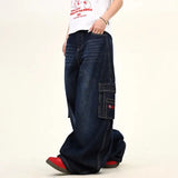 SHOPMOCHO Japanese Korean Versions Harajuku Men'S Jeans Fashion Casual Curved Pants Loose Pants Large Pockets Denim Straight Leg Pants