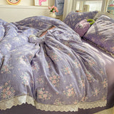 SHOPMOCHO Puple Flower Printed Duvet Cover with Lace Double-layered Yarn housse de couette 220x240 Single/Queen/King Size Comforter Cover