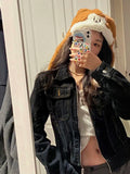 Shopmocho New solid color zipper denim jacket for women retro Harajuku lapel niche design slim cardigan versatile small fragrance top
