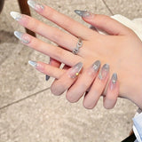 SHOPMOCHO 10pcs high-end Light luxury silver cat-eye French diamonds handmade fake nails, Almond nail girly nail decoration patch