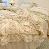 SHOPMOCHO 2/3Pc Korean Princess Style Floral Ruffles Bedding Set Single Queen Size Soft Skin-friendly Washed Cotton Duvet Cover Pillowcase