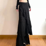 SHOPMOCHO Y2K Black Long Skirt Women Harajuku Gothic Lace Asymmetrical Maxi Skirts Summer Korean Ruffles Patchwork Bandage Design Faldas