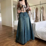 Shopmocho Spring Summer New Sweet Cool Retro Distressed Denim High Waist A- Line Long Skirt Women's Wrap Body Skirt Cotton Pure Color