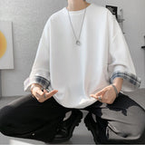 SHOPMOCHO men t shirts Summer Men's T-shirts Women Oversized 2XL Korean Style Loose Plaid T-shirt Casual Seven sleeves T-Shirt Male White