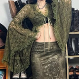 SHOPMOCHO-Green Y2K Mori Girl Flared Sleeve Cardigan For Women Tie-up Lace Cover-Ups Perspective Ruffes Cropped Shirts Coquette
