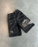 SHOPMOCHO Streetwear Vintage Denim Shorts Y2K Clothes Men Pocket Cartoon Graphic Retro Black Baggy Shorts Over The Knee Pants Casual Short