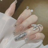 Shopmocho 24Pcs Glitter Diamond Press On Nails Sweet Cute Girl Acrylic Nails Full Cover Short Square Fake Nails Wearable Manicure Nail Tip