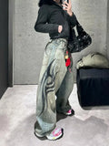 Shopmocho American Gothic Print Blue Wash Jeans Y2K Autumn Winter Retro Hip Hop Loose Casual Fashion Street High Waist Straight Jeans