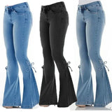 Shopmocho Full Length Flare Pants Women Jean Washed Denim Pants Zipper Fly Loose Fit Pockets High Waist Basics Lace Up Vintage Solid