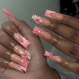 Shopmocho 24pcs Fresh Long Coffin Fake Nails Yellow French Style Flower Printed Metal Butterfly Designs Press On Nails Summer False Nail