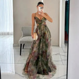 SHOPMOCHO-Elegant Print Pleated Mesh Evening Dress Sexy Off Shoulder Ins Vacation Long Dress Summer V Neck High Waist Backless Sling Dress