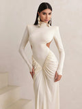 Shopmocho Weird Puss Backless Maxi Dress Women Shoulder Pads Long Sleeve Waistless Peach Buttocks Ruched Elegant Banquet Skinny Vestidos