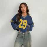 Shopmocho Y2K Style Sports Jersey Women's Knitted Tops Fashionable Digital Printed Round Neck Long Sleeve Jumper 2025 Summer Street Trend