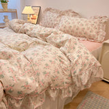 SHOPMOCHO 2/3Pc Korean Princess Style Floral Ruffles Bedding Set Single Queen Size Soft Skin-friendly Washed Cotton Duvet Cover Pillowcase