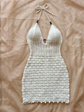 Shopmocho Soleia Summer Sexy V-Neck Hollow-Out Wooden Beads Fitted Dress, Vacation Spaghetti Strap Backless Ombre Knitted Dress, Suitable