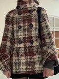 Shopmocho Warm Checkered Turtleneck Shoulder Straight Coat Women Double Breasted Full Sleeve Middle Long Coat Lady Autumn Winter Chic Coat