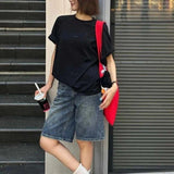 SHOPMOCHO Spring Summer Women Casual Denim Shorts Fashion Female Wide Leg Short Jeans Knee Lenght Denim Pant Women High Waist Shorts Girls