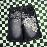 SHOPMOCHO Baggy Y2K New Trend Harajuku Hip-Hop Rock Joker Street Mens Sports Pants Gothic Retro Embroidery Loose American Denim Shorts