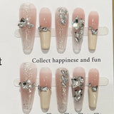 SHOPMOCHO Sweet Lovely Cartoon Bear Long Coffin Stiletto Fake Nails Bowknot Pearl Diamond Flowers Cat Eyes Wearable Fake Nails