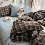SHOPMOCHO Bedding Set Ins Ambiance Blue Coffee Grid Mixed With Washed Cotton Minimalist Four Piece Set Fitted Sheets Duvet Cover
