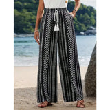 SHOPMOCHO Plus Size 1XL-5XL New Women's Striped Printed Casual and Simple Wide Leg Pants Ladies Casual Lace Up Leg Pants