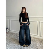 Shopmocho Blue Women's Retro Y2K 2000s Wide Leg Baggy Casual Denim Trouser High Waist Loose Jeans 2025 Autumn Harajuku Full Length Pants
