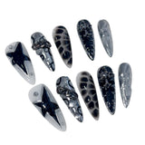 SHOPMOCHO Handmade Press on Nails Punk Cool Black Star Crocodile pattern False Nails Heavy Metal European Black Almond Fake Nail Patches