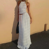 SHOPMOCHO-Women Boho Sexy Backless Matching Suit 2 Piece Beach Holiday Outfits Vintage Ruched Halter Cami Tops + Maxi Long Skirt Party