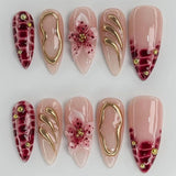 SHOPMOCHO 24PCS Simple Ins Dark Pink Blush 3D Flower Almond False Nails with Glue Leopard Print French Spice Girls Fake Nail Tips Press On