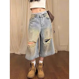 SHOPMOCHO ZHIZOU Summer Women American Retro Jorts Blue Jean Shorts Y2K Harajuku 2000s Washed Ripped Denim Calf-Length Pants High Street